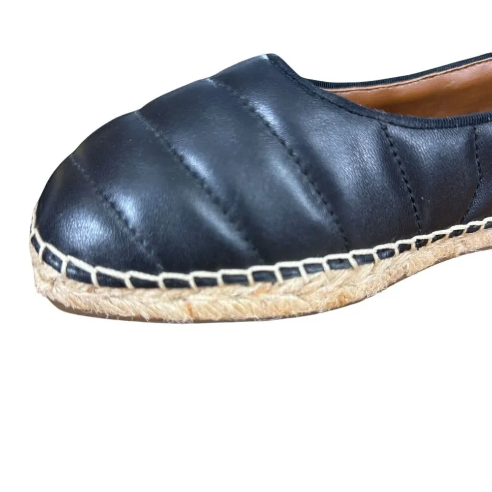 Franco Sarto Kyla Quilted Black Leather Espadrille Square Toe Flats Shoes sz 8.5